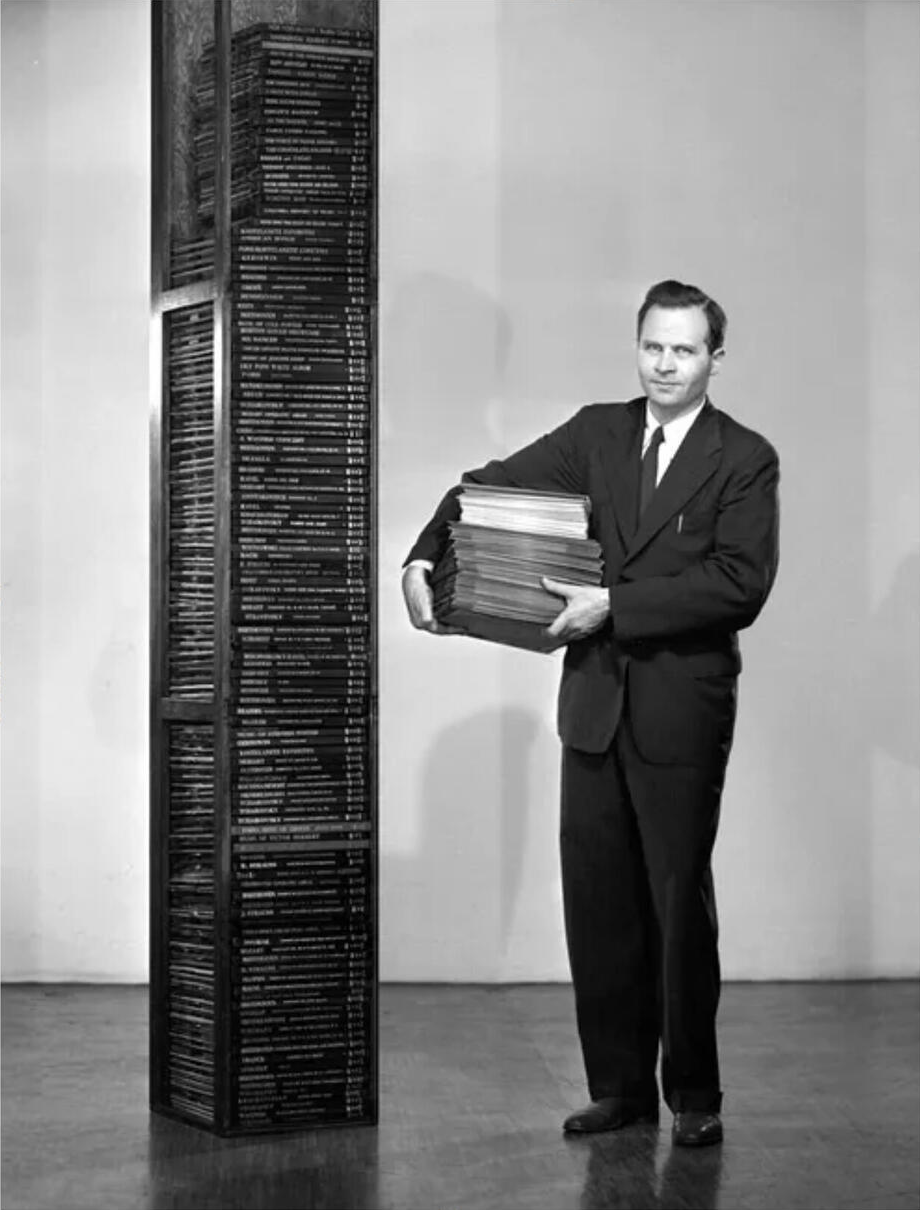 Original illustration: LPs compared with a stack of 78 RPM records