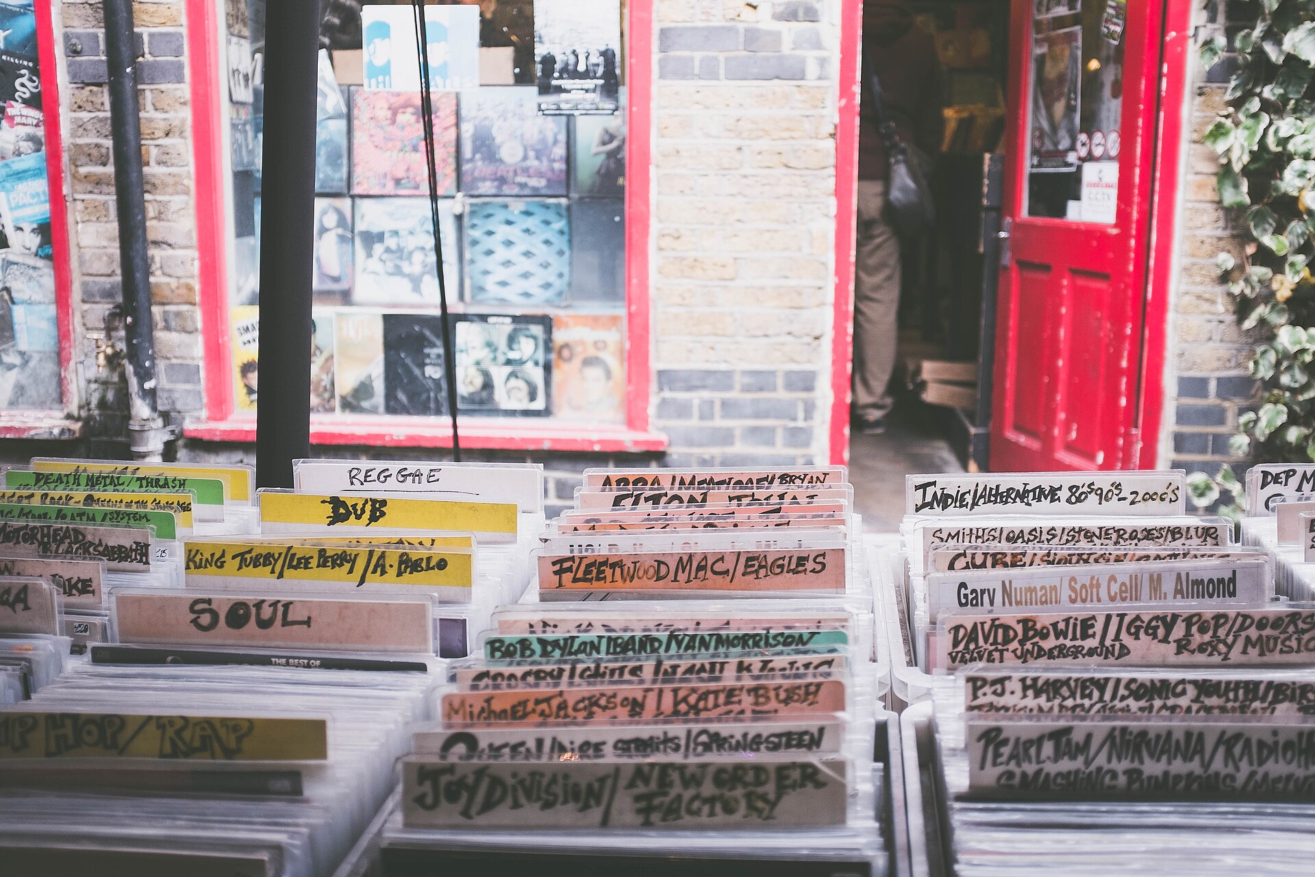 レコード店でセクション別に並べられた中古レコード