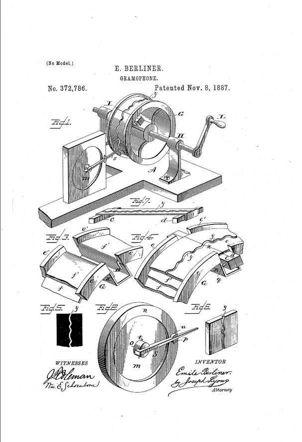 贝利纳 1887 年获批的“Gramophone”专利附图,专利号 US372786。