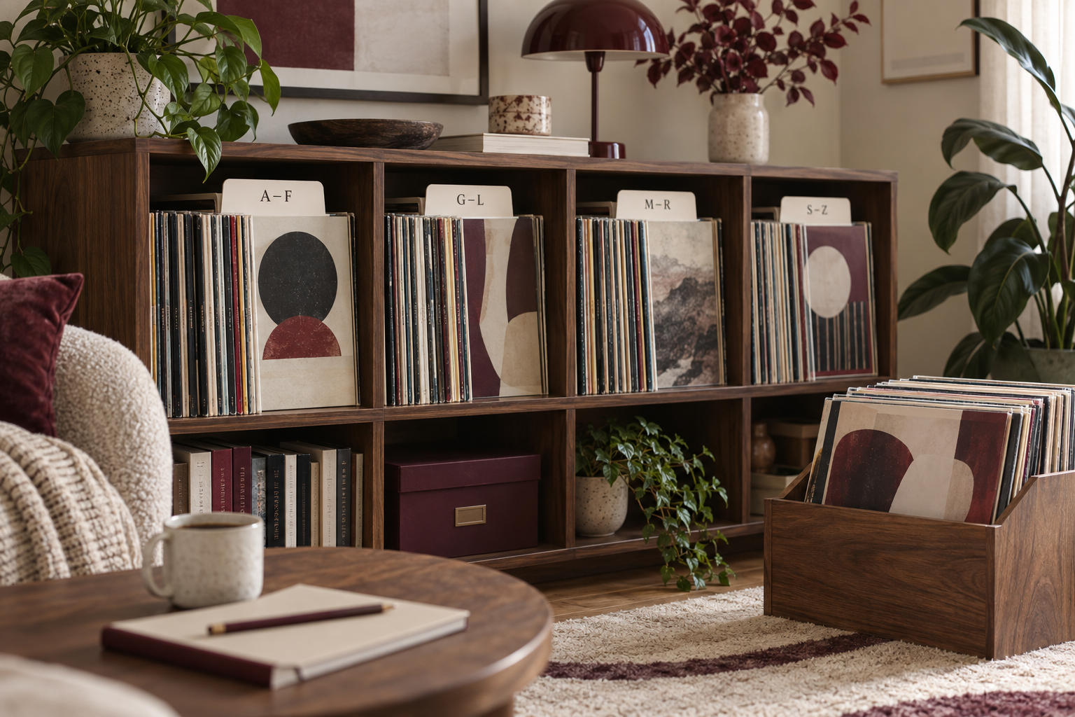 AI-generated storage illustration: upright records grouped by alphabet, with dividers to help locate each section.